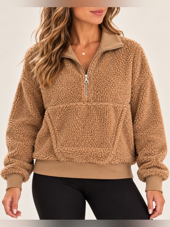 JoyLab Sweaters - JoyLab Camel Teddy Sherpa Half Zip Pullover XL Kangaroo Pocket Cozy Fleece